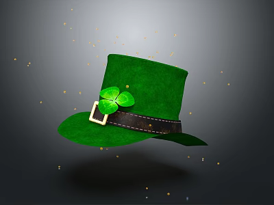 Green Leprechaun Hat With Clover Decoration And Black Belt Buckle Surrounded By Golden Dots 3d model