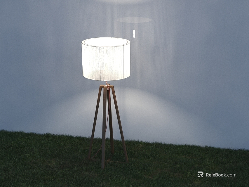 Floor Lamp Lit White Lampshade Wooden Tripod Base on Grass with White Wall Background 3d model 