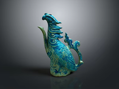 Sculpture Carving Of Phoenix Shaped Artwork With Blue Green Hue And Swirling Feathers 3d model