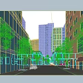 Vibrant Urban Commercial Street With Tall Buildings Lush Trees And Pedestrians