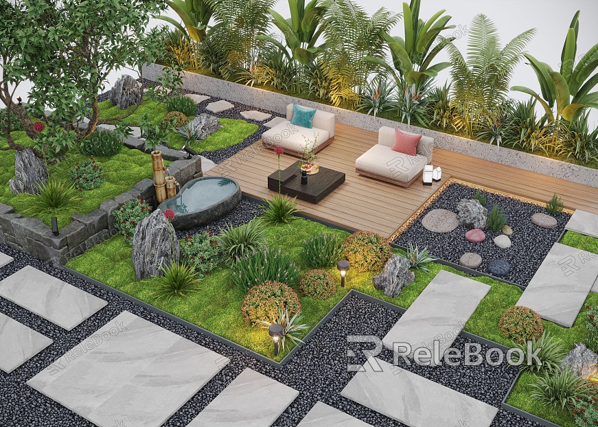 Courtyard Landscape Outdoor Sofa Flower Pool Landscape Plants Outdoor Lighting Waterscape model