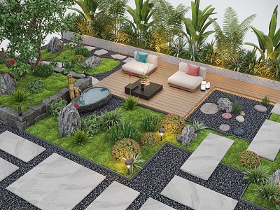 Courtyard Landscape Outdoor Sofa Flower Pool Landscape Plants Outdoor Lighting Waterscape model