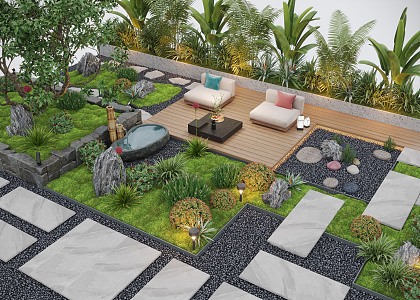 Courtyard Landscape Outdoor Sofa Flower Pool Landscape Plants Outdoor Lighting Waterscape 3d model