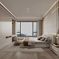 Modern Bedroom With Large Window City View Wooden White Headboard Wall And Recessed Lighting