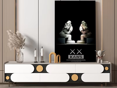 Modern TV Stand with White Gold Circle Design KAWS Poster Vase Small Statues and Drawers 3d model