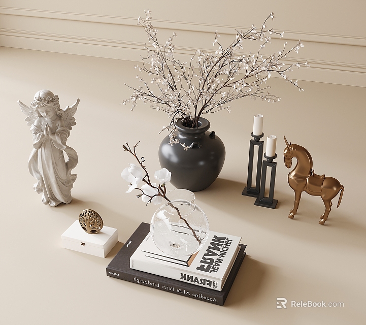 Elegant Decorative Ornament Set With Angel Statue Crystal Branch Vase Golden Horse And Candle Holders 3d model 