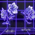 Art Installation Featuring Illuminated White Flowers With Blue Grid Background And Neon Light Effect 3d model