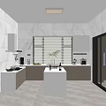 Bright Modern Kitchen Interior Design With White Island Wooden Cabinets And Marble Walls