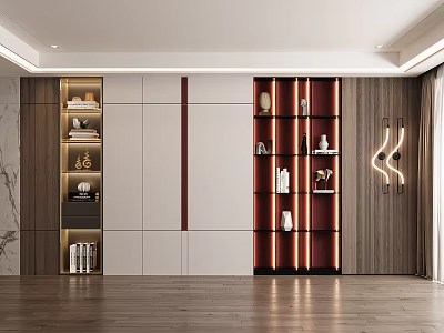 Modern Decorative Cabinet With Wooden And White Panels LED Lighting Open Shelves And Display Ornaments 3d model