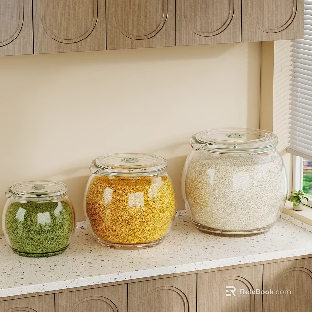 Glass Jars With Colored Grains On Kitchen Countertop Near Cabinet And Window 3d model 