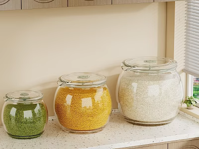 Glass Jars With Colored Grains On Kitchen Countertop Near Cabinet And Window 3d model