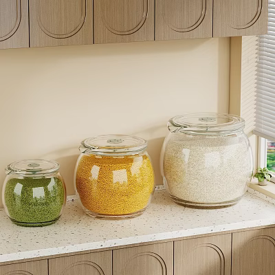 Glass Jars With Colored Grains On Kitchen Countertop Near Cabinet And Window 3d model