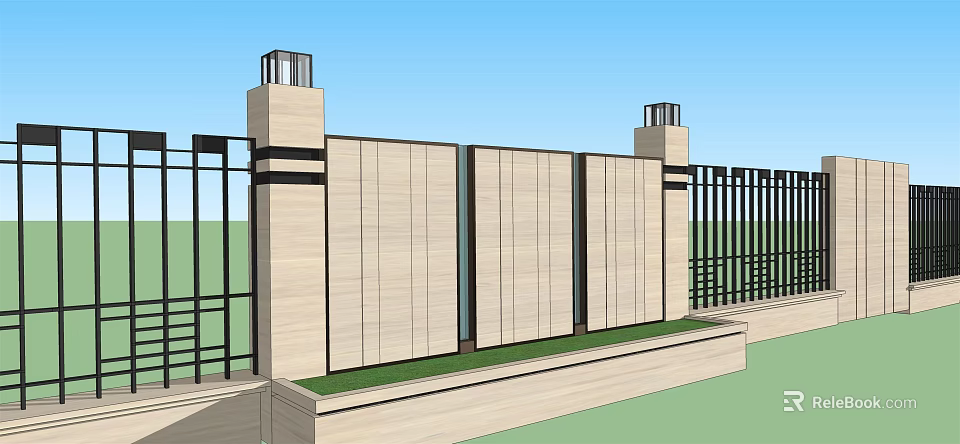 Building Exterior Wall With Beige Panels Black Columns Green Lawn And Metal Frames 3d model 