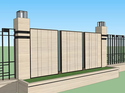Building Exterior Wall With Beige Panels Black Columns Green Lawn And Metal Frames 3d model