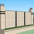 Building Exterior Wall With Beige Panels Black Columns Green Lawn And Metal Frames