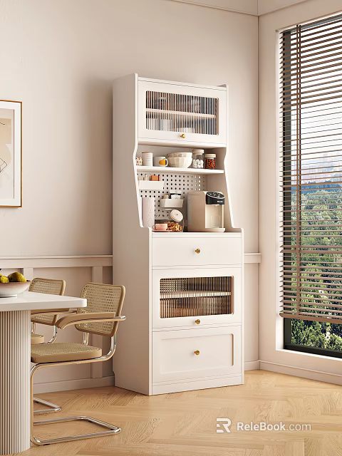 White Modern Sideboard With Open Shelves Storage Drawers In Dining Room 3d model 