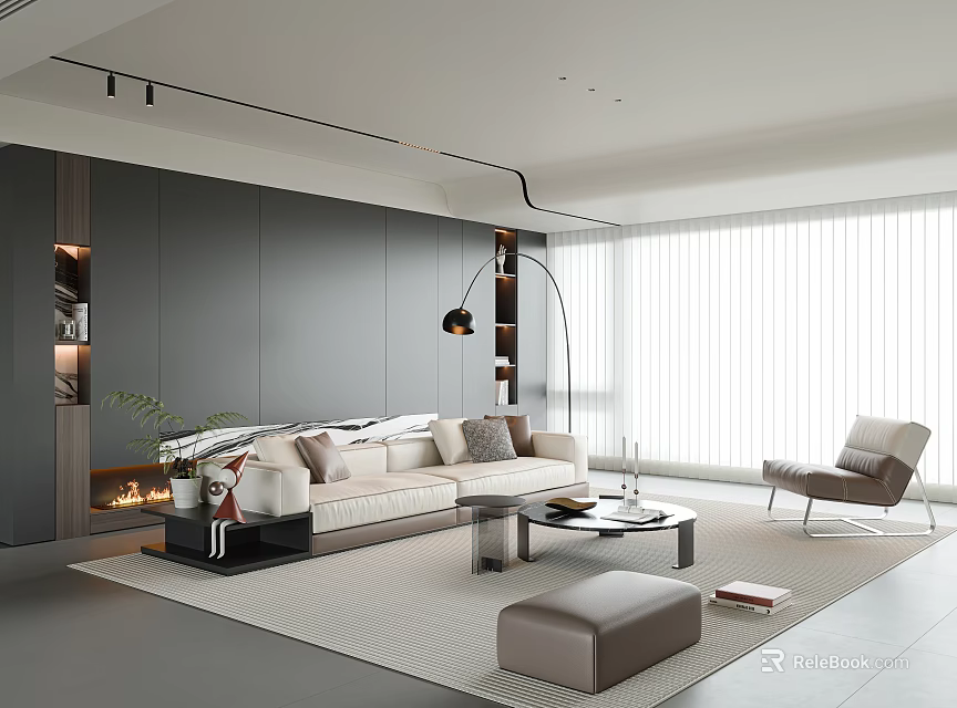 Modern Living Room Interior With Beige Sofa Coffee Table Floor Lamp Rug And Large Window 3d model 