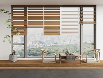 Elegant Window Blinds in Modern Living Room with City View Green Plant and Wooden Floor 3d model