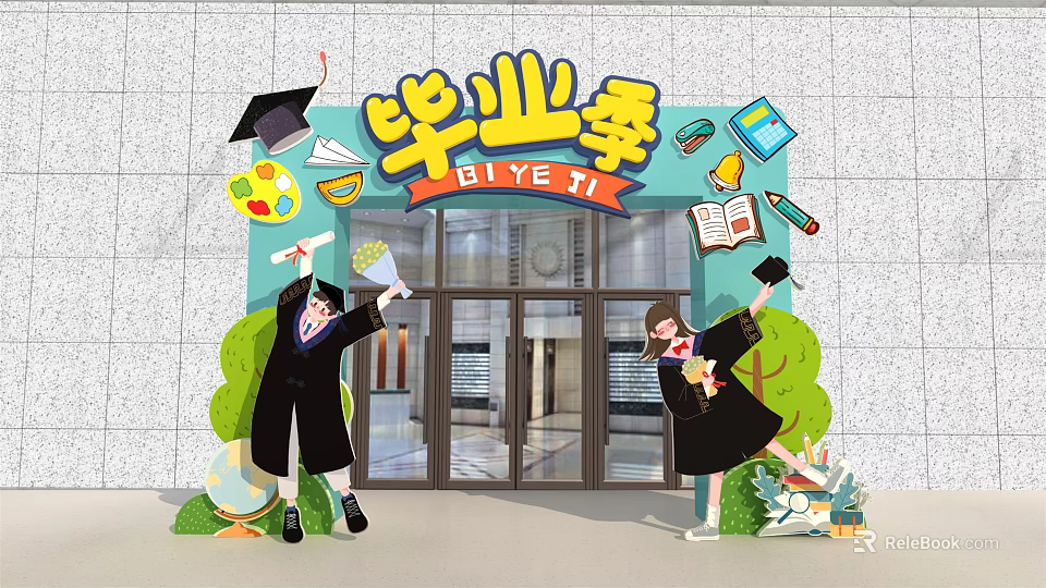 Graduation Season Event Entrance With Students In Graduation Gowns Mortarboards Books And Green Plants 3d model 