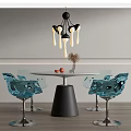 Modern Round White Dining Table Black Conical Base with Blue Transparent Chairs Metallic Silver Legs