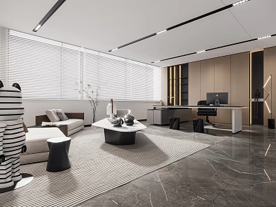 Modern Office Interior With Sofa Coffee Table Work Desk And Window Blinds 3d model