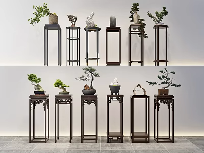 Traditional Wooden Flower Stands with Potted Plants and Decorative Ornaments in Classic Style 3d model