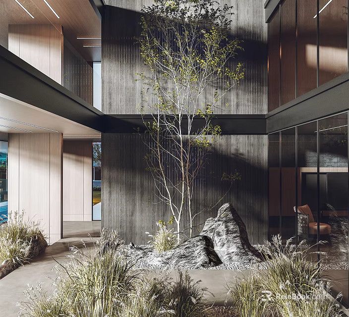 Modern Courtyard Garden With Wooden Walls Small Tree Stone Decor And Lush Greenery 3d model 