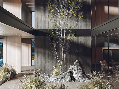 Modern Courtyard Garden With Wooden Walls Small Tree Stone Decor And Lush Greenery 3d model