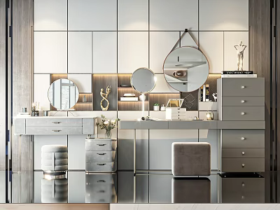 Modern Minimalist Dressing Table Interior With Multiple Mirrors Drawer Cabinets And Upholstered Stools 3d model