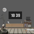 Modern TV Stand Living Room With TV Clock Plant Laptop Small Table And Rug