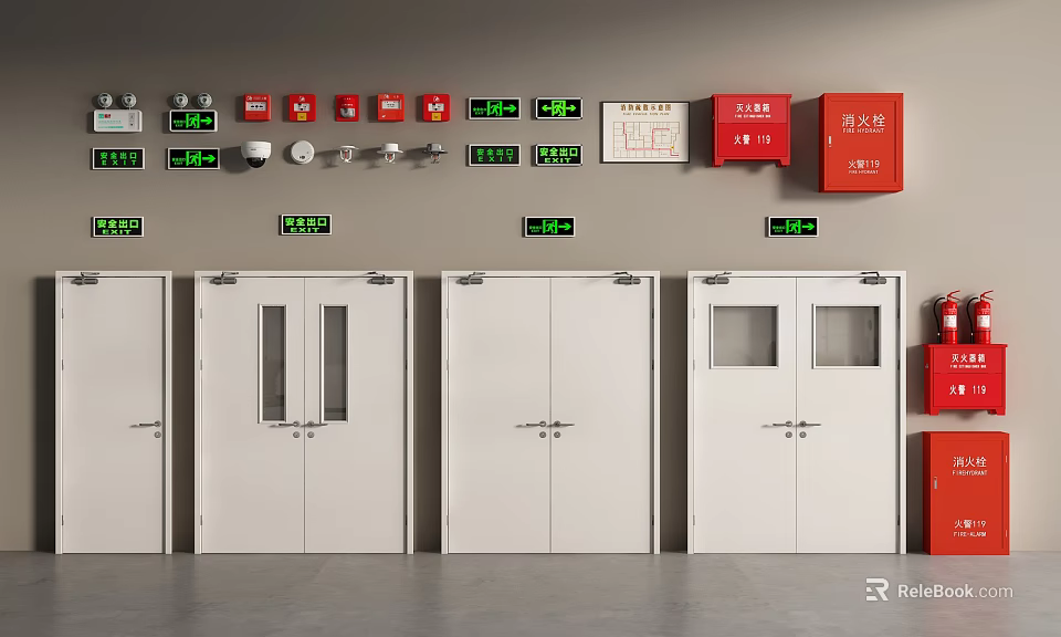 White Double Doors Arranged In Row With Red Fire Equipment And Gray Wall 3d model 