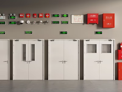 White Double Doors Arranged In Row With Red Fire Equipment And Gray Wall 3d model