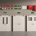 White Double Doors Arranged In Row With Red Fire Equipment And Gray Wall