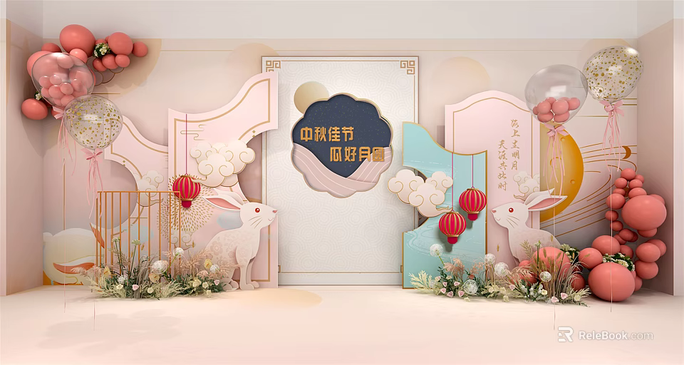 Mid Autumn Festival Decorative Scene With Rabbit Lanterns Moon And Floral Elements 3d model 