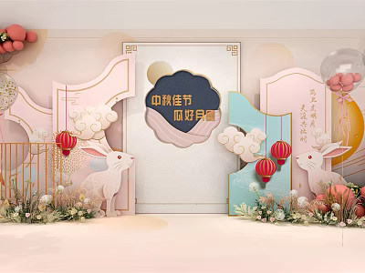 Mid Autumn Festival Decorative Scene With Rabbit Lanterns Moon And Floral Elements 3d model