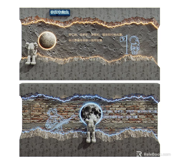 Creative Space Themed Background Wall With Brick Texture Astronaut Figures Moon And Glowing Edges 3d model 