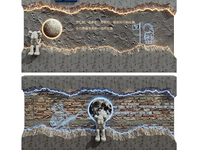 Creative Space Themed Background Wall With Brick Texture Astronaut Figures Moon And Glowing Edges 3d model