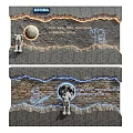 Creative Space Themed Background Wall With Brick Texture Astronaut Figures Moon And Glowing Edges 3d model