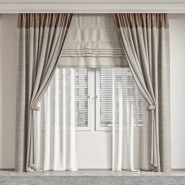 Elegant Gray Curtains with Brown Accents Sheer Panels and Window Blinds 3d model 