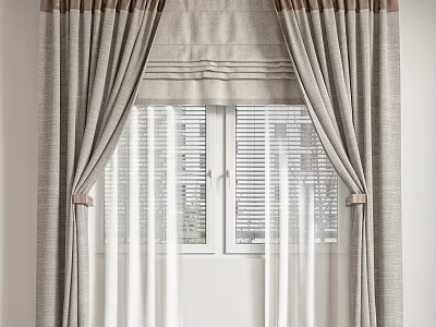 Elegant Gray Curtains with Brown Accents Sheer Panels and Window Blinds 3d model