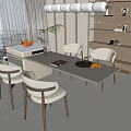 Modern Restaurant Interior With Dining Table Chairs Pendant Light Plants And Wooden Shelves