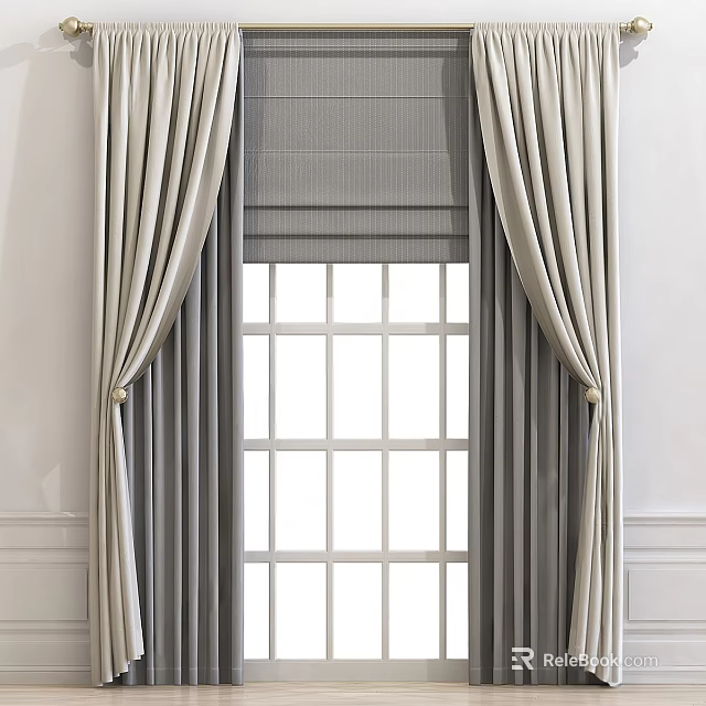Elegant Light Colored Curtains With Roman Shades For Grid Window Design 3d model 