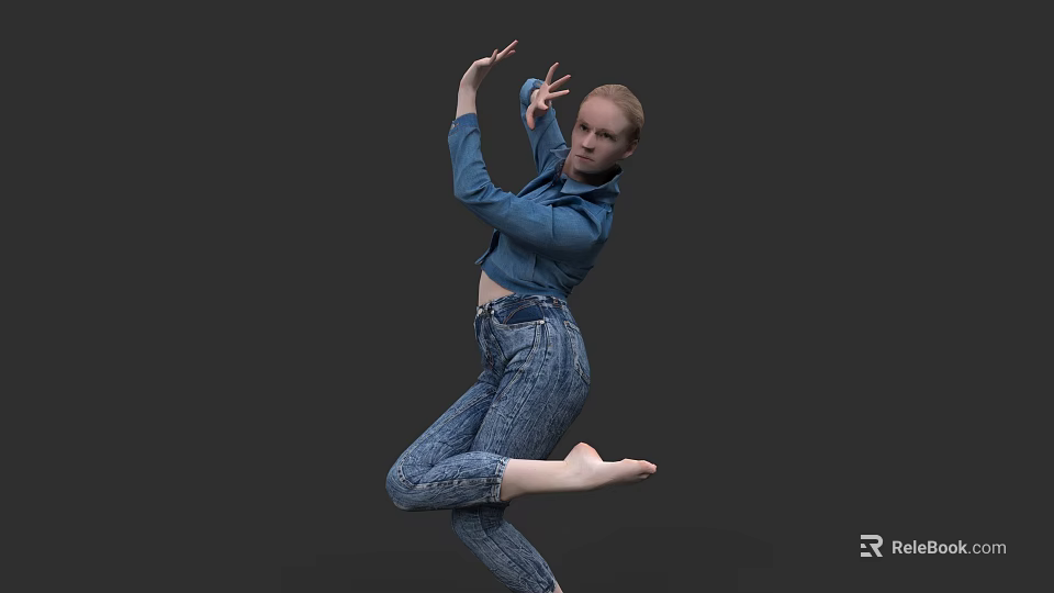 Woman Dancing in Blue Denim Shirt and Jeans with Dynamic Pose Against Gray Background 3d model 