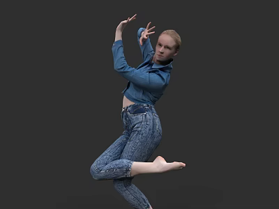 Woman Dancing in Blue Denim Shirt and Jeans with Dynamic Pose Against Gray Background 3d model