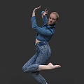 Woman Dancing in Blue Denim Shirt and Jeans with Dynamic Pose Against Gray Background