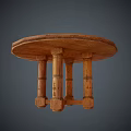Round Wooden Dining Table With Carved Surface And Cross Legs Design