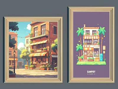 Two Framed Decorative Illustrations Featuring Building Street Scenery And Palm Trees 3d model