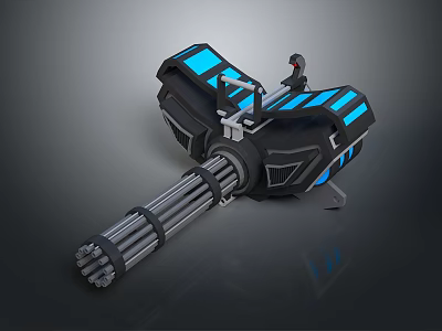 Sci Fi Multi Barrel Machine Gun Weapon With Black Body And Blue Glowing Parts 3d model