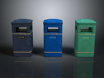 Three Different Colored Litter Bins with Litter Sign Dark Blue Blue and Green 3d model