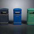 Three Different Colored Litter Bins with Litter Sign Dark Blue Blue and Green